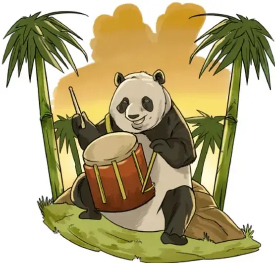 Ilustración de un oso panda sentado que toca un tambor rojo rodeado de tallos de bambú al atardecer. Crédito: Carlos Javier Melgar Rincón, Michoacán.