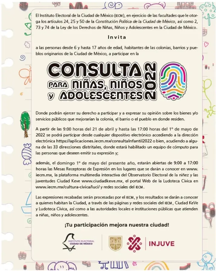 Cartel oficial del IECM con la invitación a la Consulta para Niñas, Niños y Adolescentes 2022, con logotipos del IECM, INJUVE y un emblema institucional.