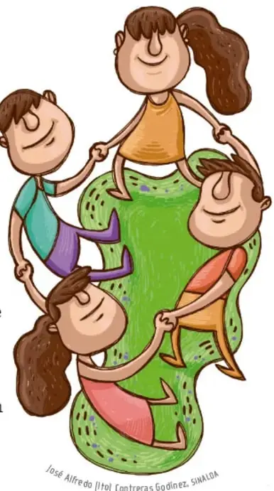 Ilustración de cuatro niñas y niños tomados de la mano, dando vueltas alrededor de una figura verde en forma de corazón, representando la unión y la convivencia. Crédito: José Alfredo [Ito] Contreras Godínez, Sinaloa.