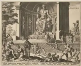 Grabado de Philips Galle (1537-1612), Reconstrucción de la estatua de Zeus en Olimpia (1572).
