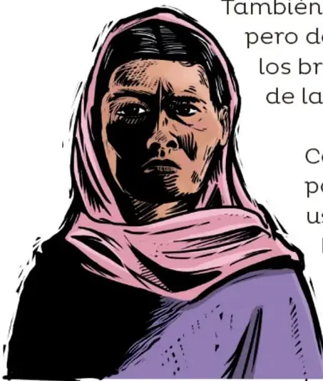 Mujer con rebozo naranja cargando a un bebé y llevando de la mano a un niño; sostiene una vasija.