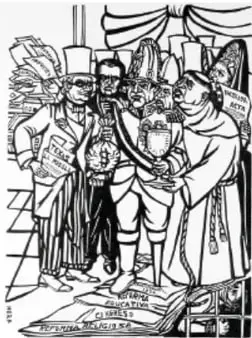 Caricatura o grabado de la época que muestra a Santa Anna y otros personajes, posiblemente representando su gobierno.