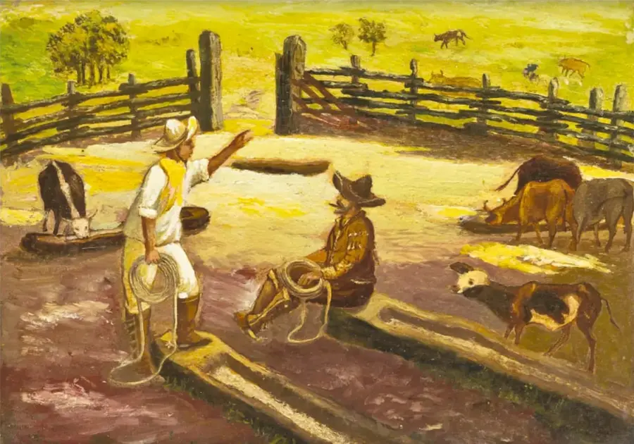Pintura En (Alvarado Ver.) nadie nos dio trabajo, no éramos pescadores (s.f.): dos vaqueros con lazos en un corral de madera, rodeados de ganado y pastizales.