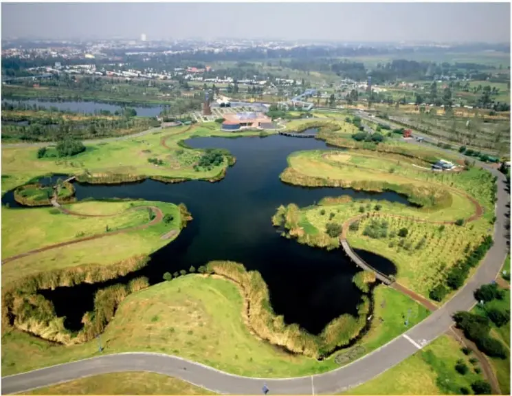 Fotografía aérea a todo color del Parque Ecológico de Xochimilco, Ciudad de México: lagos, vegetación, senderos y caminos; fotografía de Fulvio Eccardi.