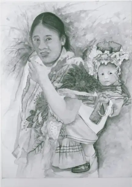 Ilustración en blanco y negro de una mujer joven cargando a un bebé en brazos, con vestimenta tradicional. Al costado se lee el crédito 'Abigail Pérez Carlos / VEKAMAZ'.