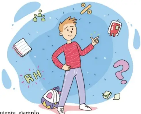Ilustración de un estudiante joven con mochila, señalando; a su alrededor flotan símbolos: signo de porcentaje (%), letras RH, un libro, una bolsa de sangre con gota, un signo de interrogación y un signo de exclamación. Crédito: Juan Pablo Dorantes Pineda, Ciudad de México.
