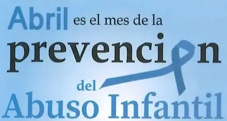 Afiche azul que anuncia abril como el mes de la prevención del abuso infantil y promueve la conciencia social.