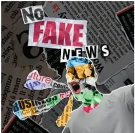 Ilustración estilo cartel con la palabra 'FAKE NEWS' destacada en colores brillantes (rojo, amarillo) con un altavoz, simbolizando difusión de noticias falsas.