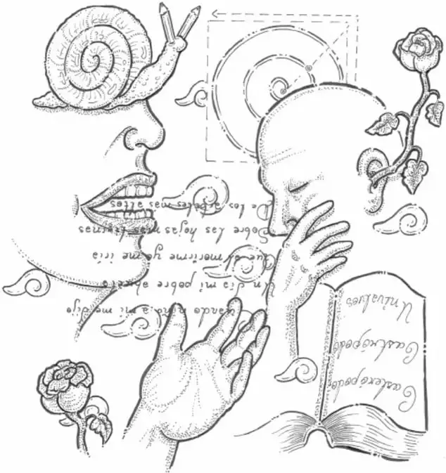 Ilustración artística de un rostro humano con caracol, manos, libros y flores, con textos manuscritos de significado poético.