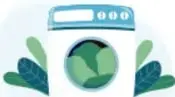 Ilustración de una lavadora con ropa y hojas verdes alrededor.
