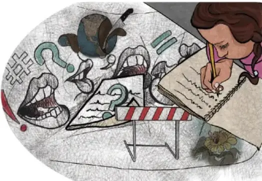 Ilustración de una estudiante escribiendo en su cuaderno, rodeada de símbolos de ideas, obstáculos y una valla de precaución.