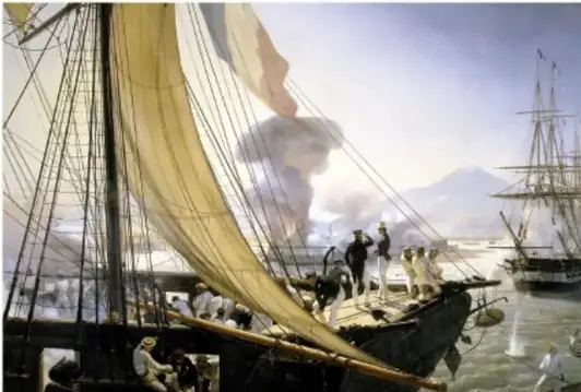 Pintura de la toma del Fuerte Saint-Jean-d'Ulloa el 27 de noviembre de 1838, de Emile-Jean-Horace Vernet; se ven barcos y humo de cañones.