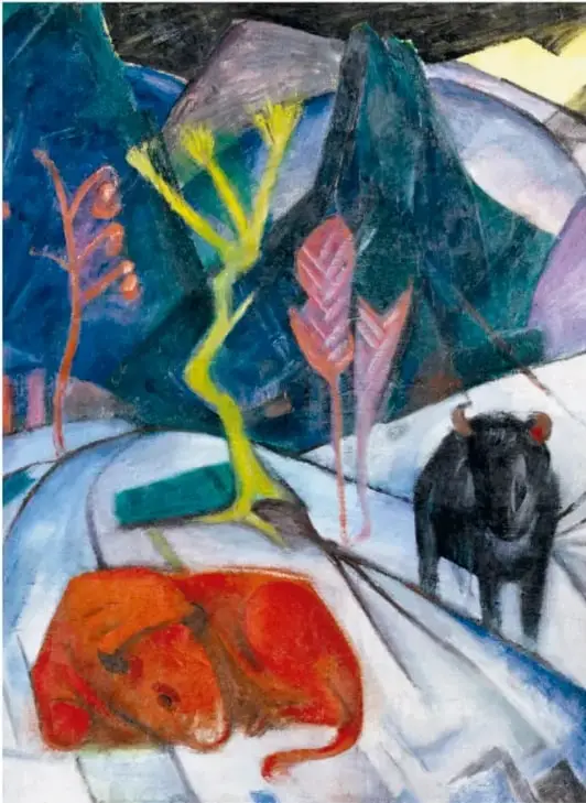 Pintura 'Bisonte en invierno (bisonte rojo)' (1913) de Franz Marc: un bisonte rojo tumbado en la nieve y otro oscuro de pie, con árboles estilizados en tonos azul y violeta.