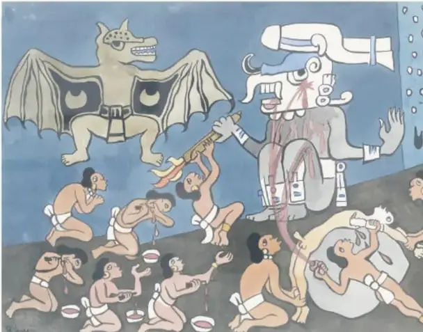 Pintura estilo códice que muestra a una tlahuelpuchi convertida en murciélago con alas extendidas y orejas grandes, junto a una figura superior con penacho blanco; abajo, personas arrodilladas alrededor de cunas y bebés, con rojos trazos que sugieren sangre.