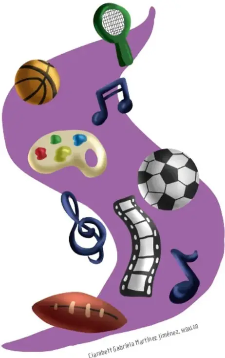 Ilustración con forma de silueta púrpura que contiene objetos relacionados con deporte y arte: raqueta, balón de baloncesto, notas musicales, paleta de pintor, balón de fútbol, tira de película, balón americano.