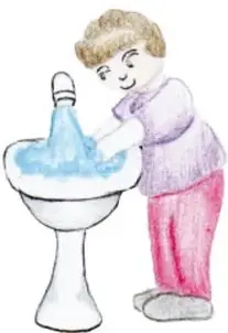 Ilustración de un niño lavándose las manos en un lavabo, con agua y jabón.