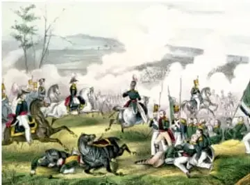Ilustración de la batalla de Palo Alto con soldados a caballo y cañones.