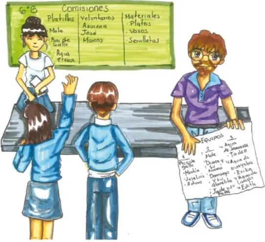Maestra, maestro con lentes y dos niños frente a un pizarrón verde titulado "Comisiones" con columnas de platillos (mole, pozole, agua fresca), voluntarios (Azucena, José, Marco) y materiales (platos, vasos, servilletas); el maestro sostiene una hoja con las listas de equipos; firmado María del Rosario Escobar García, Jalisco.