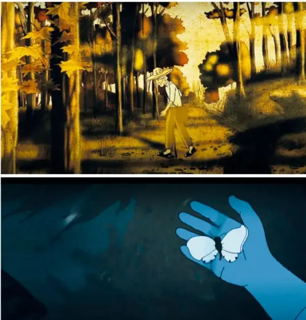 Ilustración de una mano azul sosteniendo una mariposa blanca sobre un fondo oscuro.