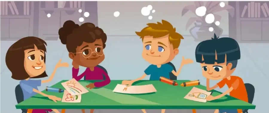 Ilustración de cuatro estudiantes sentados alrededor de una mesa verde, conversando y tomando notas sobre hojas de papel; tienen burbujas de pensamiento sobre sus cabezas.