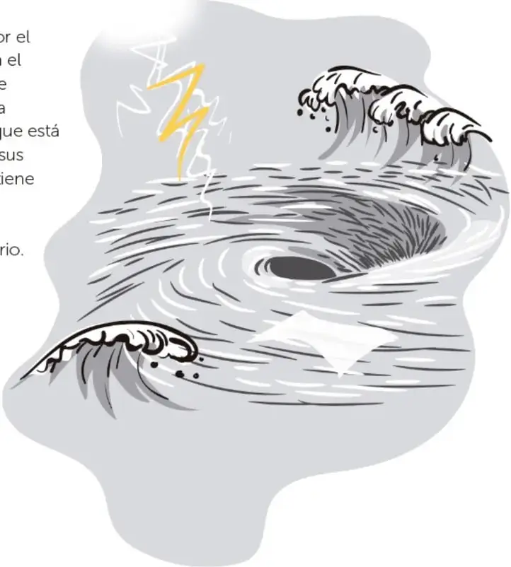Gran torbellino o remolino de mar gris con olas rompientes y un rayo amarillo; en el agua flota una hoja o figura blanca parecida a la protagonista.