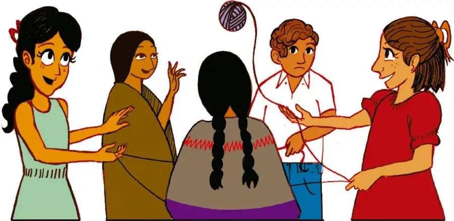 Ilustración de cinco estudiantes y una maestra formando un círculo y lanzándose una madeja de estambre morada, formando hilos entre ellos.