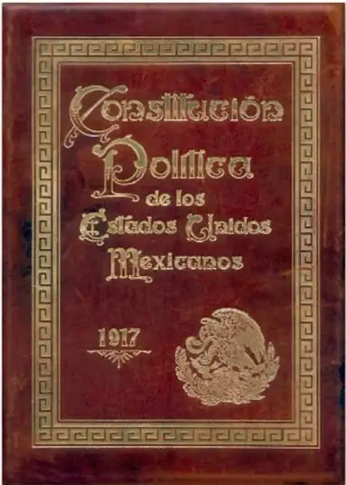 Reproducción de la portada de la Constitución Política de los Estados Unidos Mexicanos, con el título en letras doradas, el año 1917 y el Escudo Nacional.