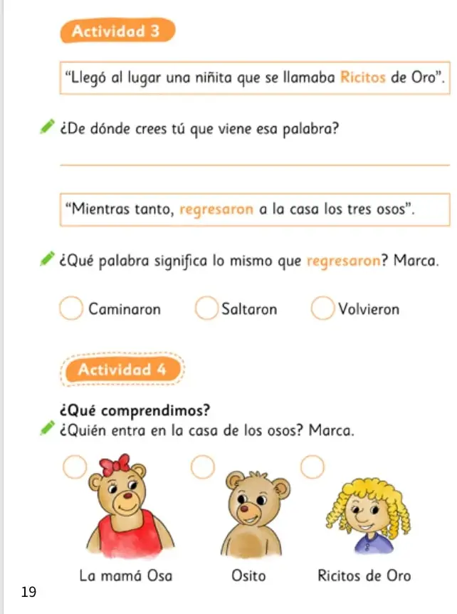 Tres ilustraciones con círculos para marcar: la mamá Osa (osa con delantal rojo), Osito (oso pequeño) y Ricitos de Oro (niña rubia de cabello rizado).