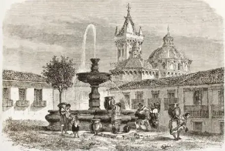 Ilustración de la vida urbana de Quito en 1867. Se observan aguadores transportando grandes jarras de agua y una plaza con edificaciones históricas.