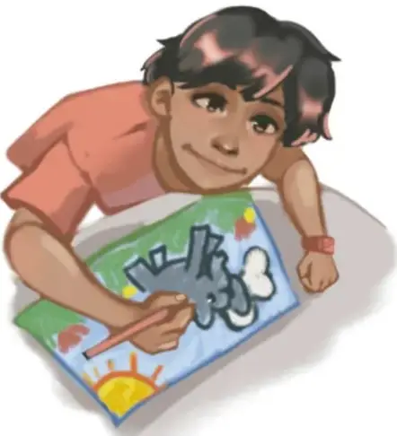Ilustración de un niño en el suelo pintando una obra con colores (cielo, sol, nubes y figuras), con crayón en la mano. Crédito: Abigail Godoy Araujo, QUERÉTARO.