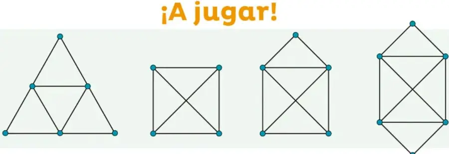 Cuatro figuras para el juego de Euler: triángulo dividido en cuatro triángulos pequeños; cuadrado con sus dos diagonales; casita (cuadrado con diagonales y techo triangular); rombo alargado con rombo interior y líneas cruzadas.