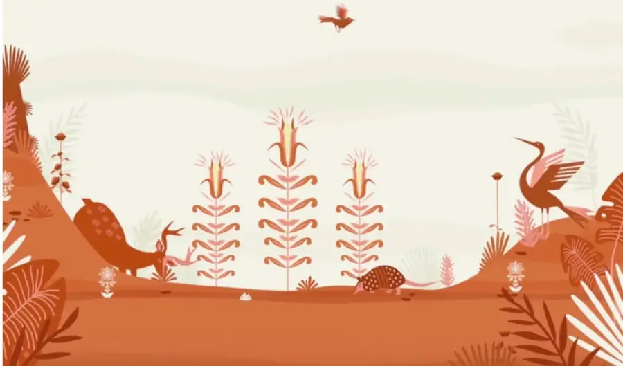 Ilustración de estilo indígena en tonos terracota: paisaje con plantas de maíz, lagartijas, un pájaro en vuelo y una garza sobre colinas.