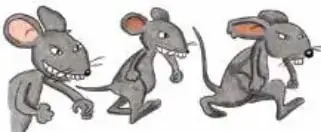 Ilustración de tres ratones grises caminando, uno de ellos con expresión pícara.
