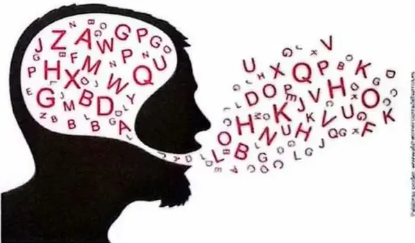 Ilustración de una silueta humana de cuya cabeza y boca salen letras, relacionada con el lenguaje y la expresión.