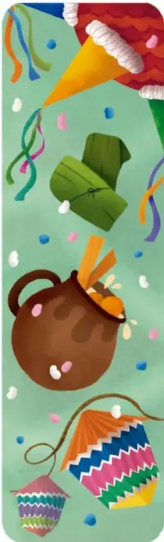 Ilustración de una piñata de colores, un ponche en olla de barro y otros elementos decorativos navideños.