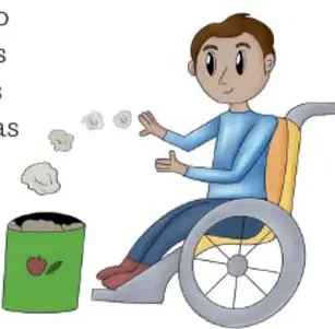 Ilustración de una persona en silla de ruedas separando residuos hacia un bote de reciclaje.