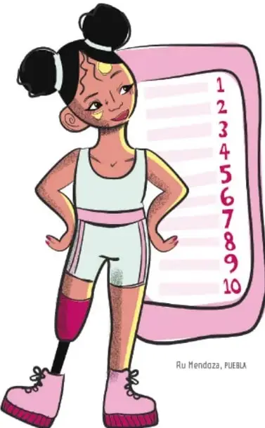 Ilustración de Ru Mendoza (PUEBLA): una estudiante de telesecundaria con una pierna protésica, junto a una lista vertical del 1 al 10 que representa el decálogo de la salud.