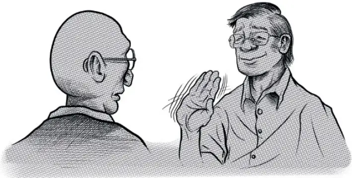 Ilustración en blanco y negro de dos hombres conversando; uno calvo con lentes y otro con lentes y camisa, gesticulando. Firma: José Daniel Romero Gutiérrez, CUBOS DE MÉXICO.