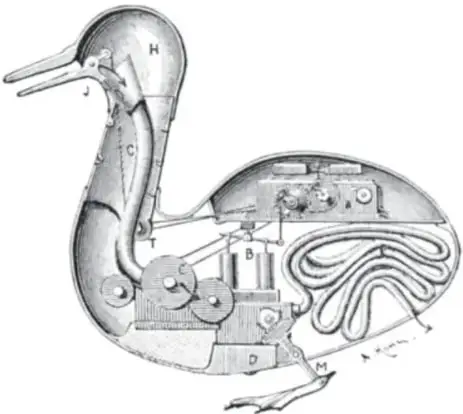 Ilustración técnica del pato digestor mostrando su mecanismo interno con engranajes y tubos.