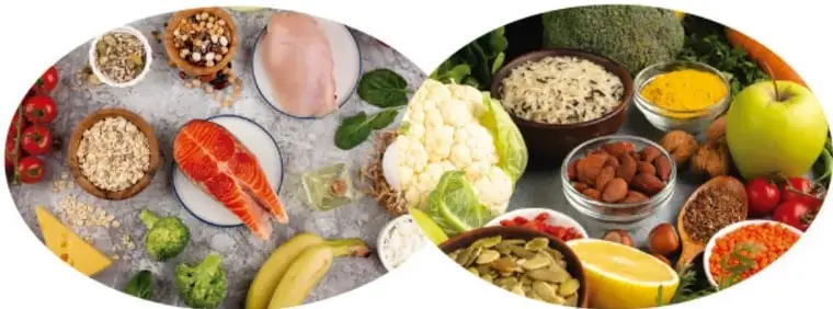 Grupo de alimentos: pescado, avena, plátano, queso, brócoli, entre otros.