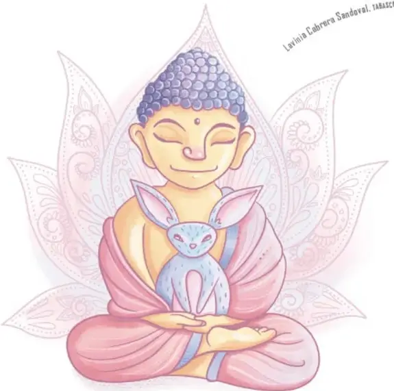 Ilustración de una figura buda-like meditando entre pétalos de flor de loto con un conejito azul ante él, alusiva a leyendas asiáticas del conejo lunar; ilustración de Lavinia Cabrera Sandoval, TARRACO.