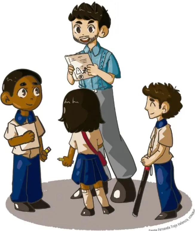 Ilustración de un maestro con una tabla en las manos acompañado de tres estudiantes de primaria (dos niños y una niña) con uniforme escolar, observando el entorno escolar durante un recorrido.