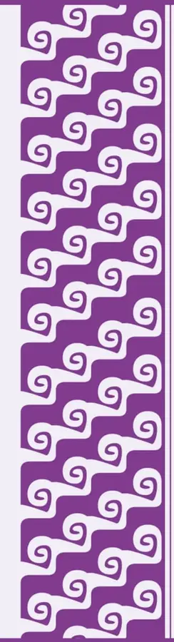 Franja decorativa vertical color morado con patrones geométricos en forma de espirales o grecas blancas.