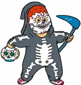 Ilustración de un niño disfrazado de catrina con capucha, esqueleto estampado, sosteniendo un pico azul y una calavera de azúcar; crédito: Israel Campos de León, Coahuila.