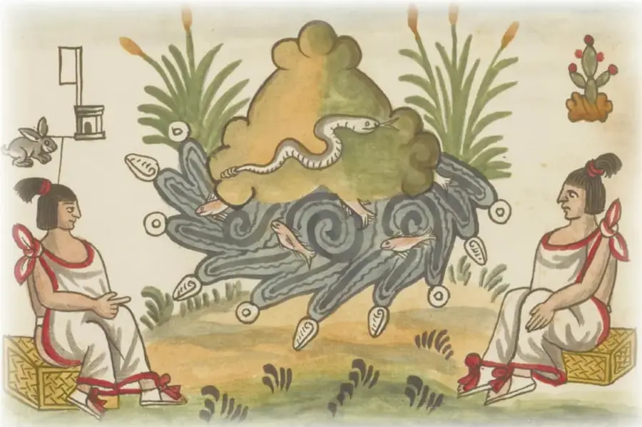 Escena al estilo de los códices coloniales: un cerro (tepetl) con una serpiente (coatl) en la cima, rodeado de tulares, peces y conchas en el agua; dos personas con ropas tradicionales sentadas frente al cerro y, arriba a la izquierda, un conejo junto a un templo. Evoca un mapa de pueblo con su glifo toponímico.