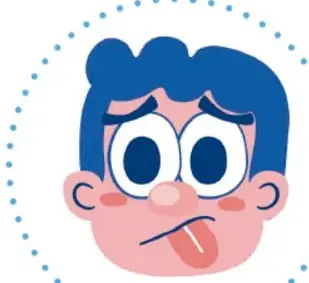 Ilustración de un rostro con manos en las mejillas y boca de sorpresa, dentro de un círculo punteado azul.