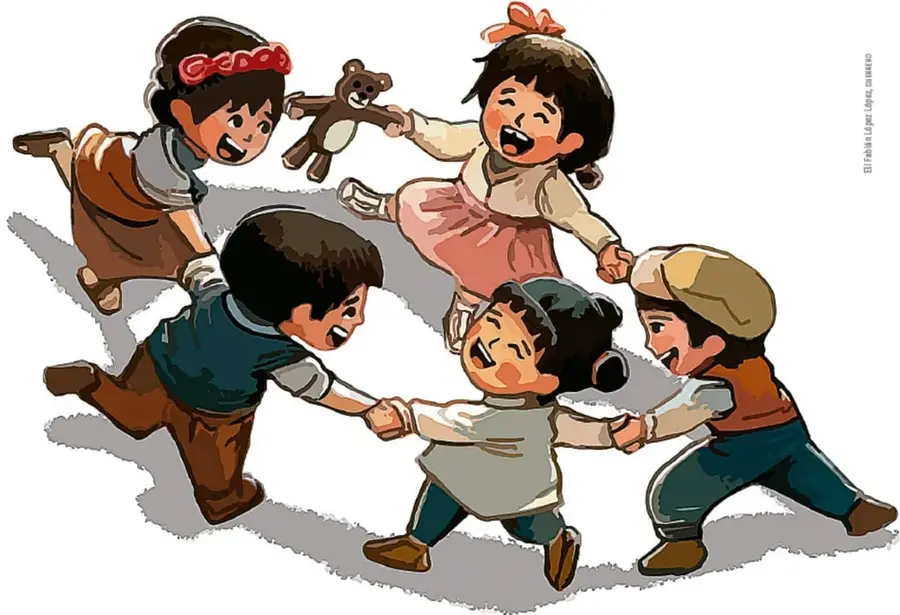 Cinco niños y niñas juegan en círculo tomados de las manos; una niña sostiene un osito de peluche.