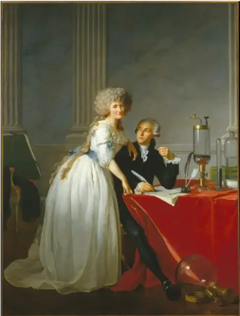 Pintura del siglo XVIII que muestra a Antoine Lavoisier sentado escribiendo, con su esposa Marie-Anne Pierrette Paulze de pie a su lado, junto a un laboratorio con matraves, frascos y equipo de vidrio sobre una mesa forrada en tela roja.