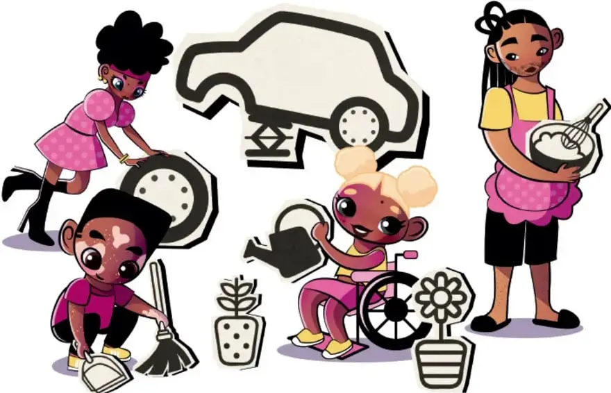 Ilustración de cuatro personas realizando tareas: una niña lavando un auto, un niño barriendo, una niña en silla de ruedas regando plantas y una niña cocinando. Representa el reparto equitativo de tareas.