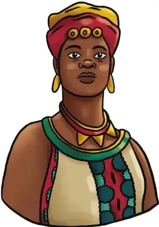 Retrato ilustrado de Nandi: mujer afro con cabello adornado con cuentas amarillas, aretes dorados grandes y vestimenta con colores rojo y verde; mirada digna y serena.